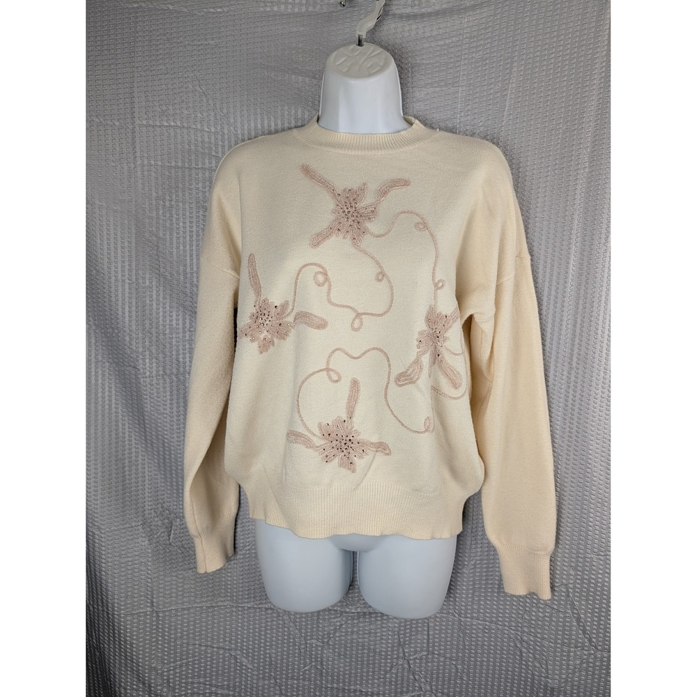 OnTwelfth Womens Medium Ivory Sweater Pink Floral Beaded Applique Crew Neck